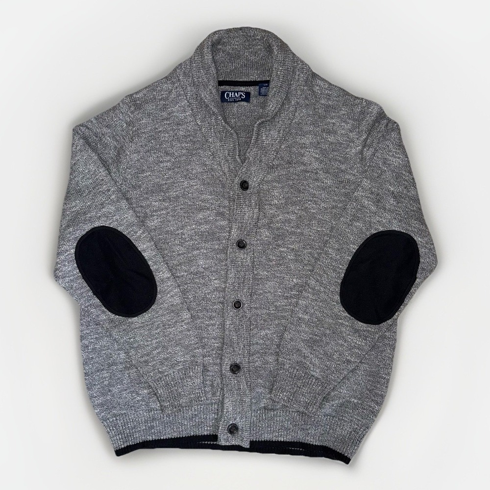 Chaps Grandpa Cardigan Sweater L Gray Shawl Collar Elbow Patches Cotton Preppy